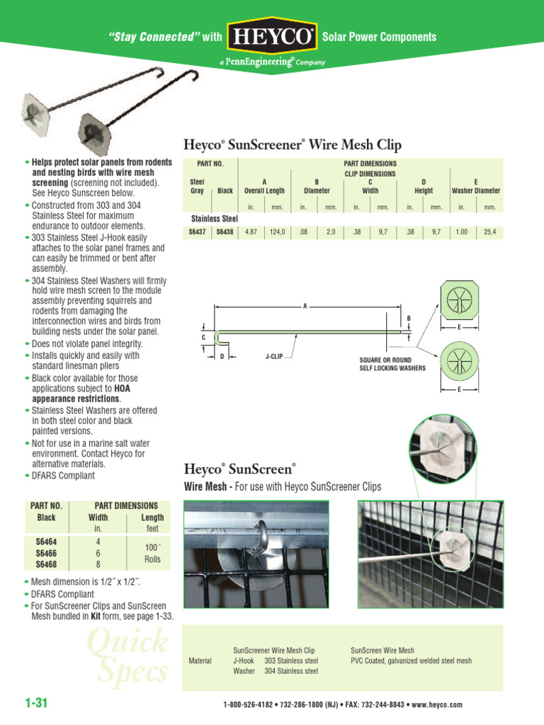Heyco SunScreener Wire Mesh Clips | PDF | Wire | Solar Panel