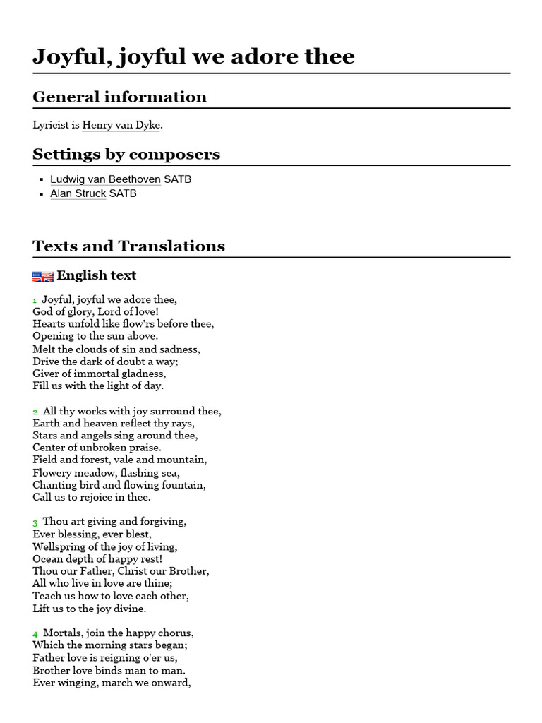 Joyful Joyful We Adore Thee Choralwiki Pdf