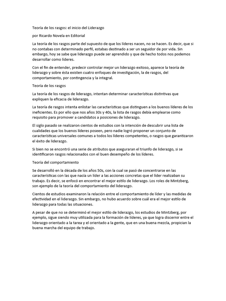 Teoria de Rasgos | PDF | Liderazgo | Comportamiento