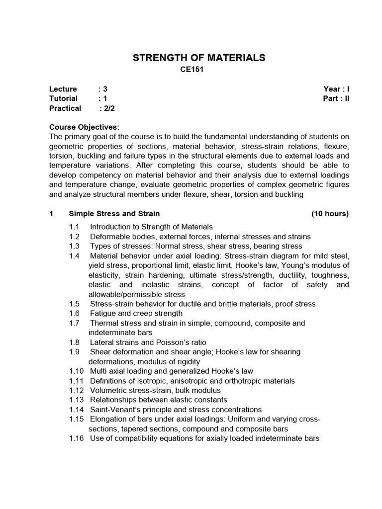 Strength of Materials Course CE151 | PDF | Stress (Mechanics) | Bending