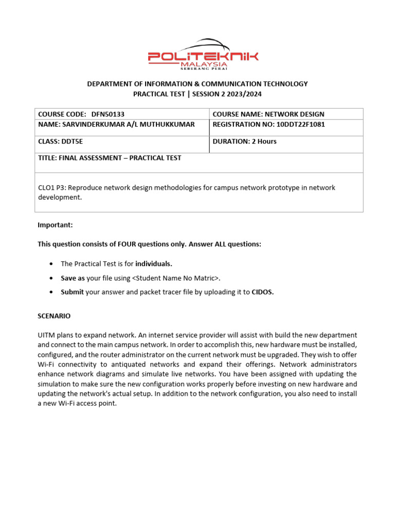 Practical Test: Network Design Session 2 | PDF | Computer Network | Ip ...