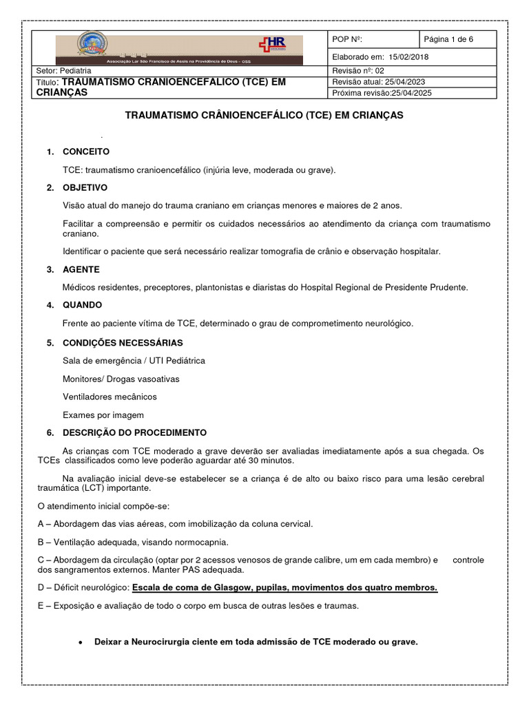 Protocolo de TCE em Crianças | PDF | Traumatismo craniano | Doenças e ...
