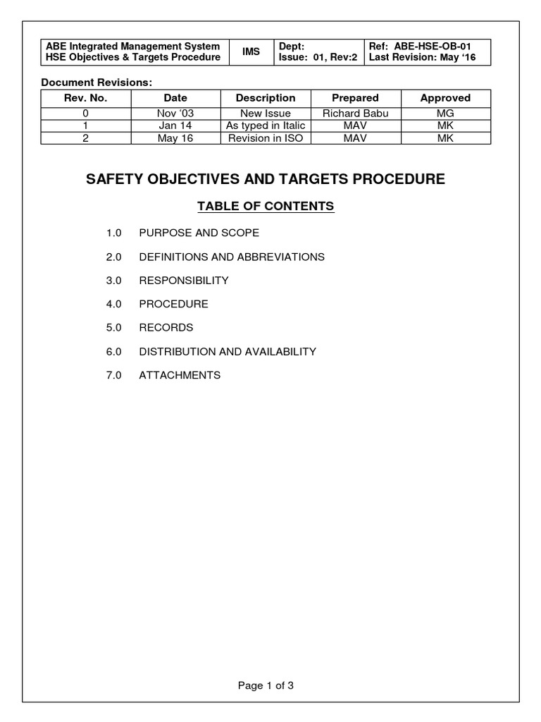ABE HSE Objectives & Targets Procedure | PDF | Safety | Business