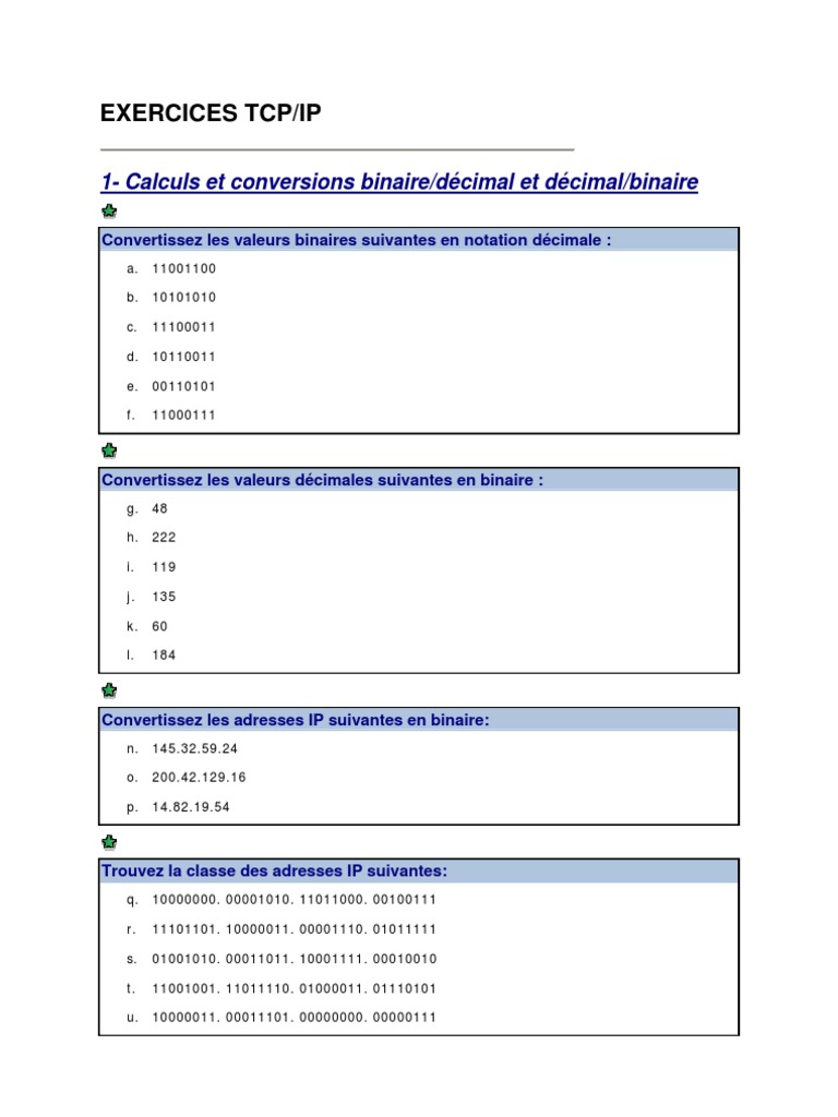 Exercices sur les adresses IP et TCP/IP | PDF | Adresse IP | Standards ...