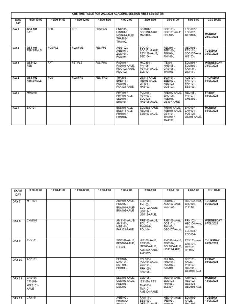 Proposed Cbe Time Table For 2023 - 2024 Academic Session First Semester ...