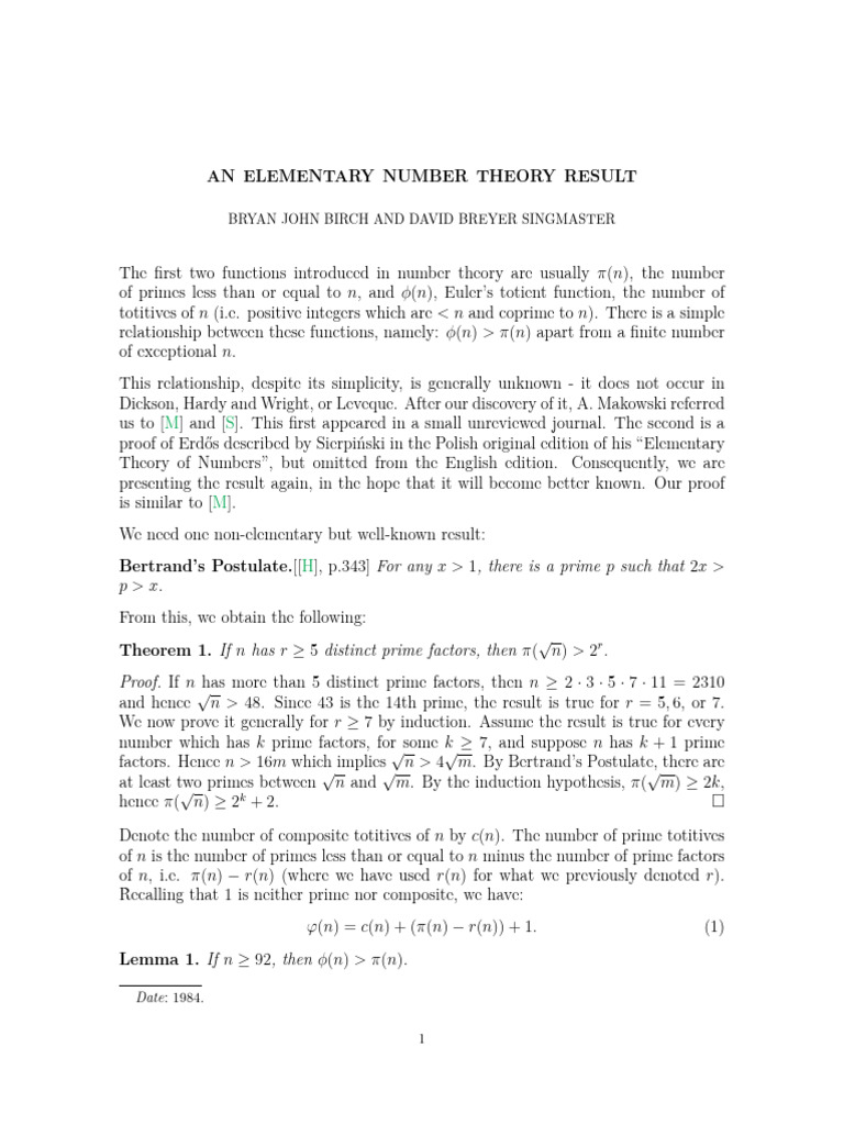 Birch, Singmaster (1984) - An Elementary Number Theory Result | PDF ...