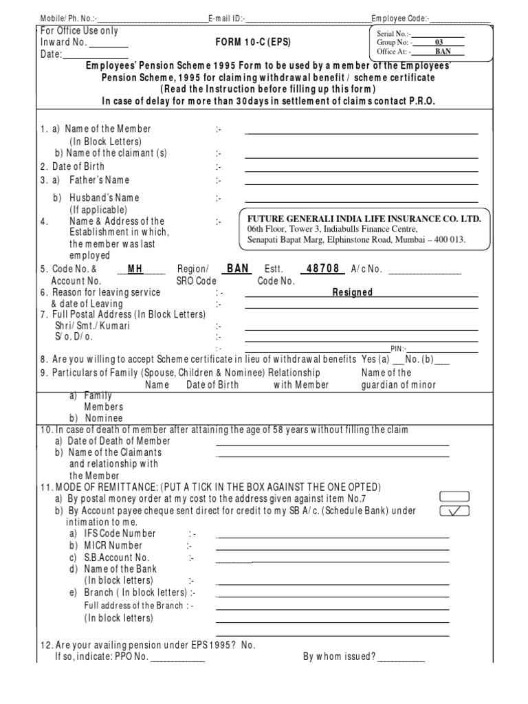 Form 10C(Life) | PDF | Cheque | Money