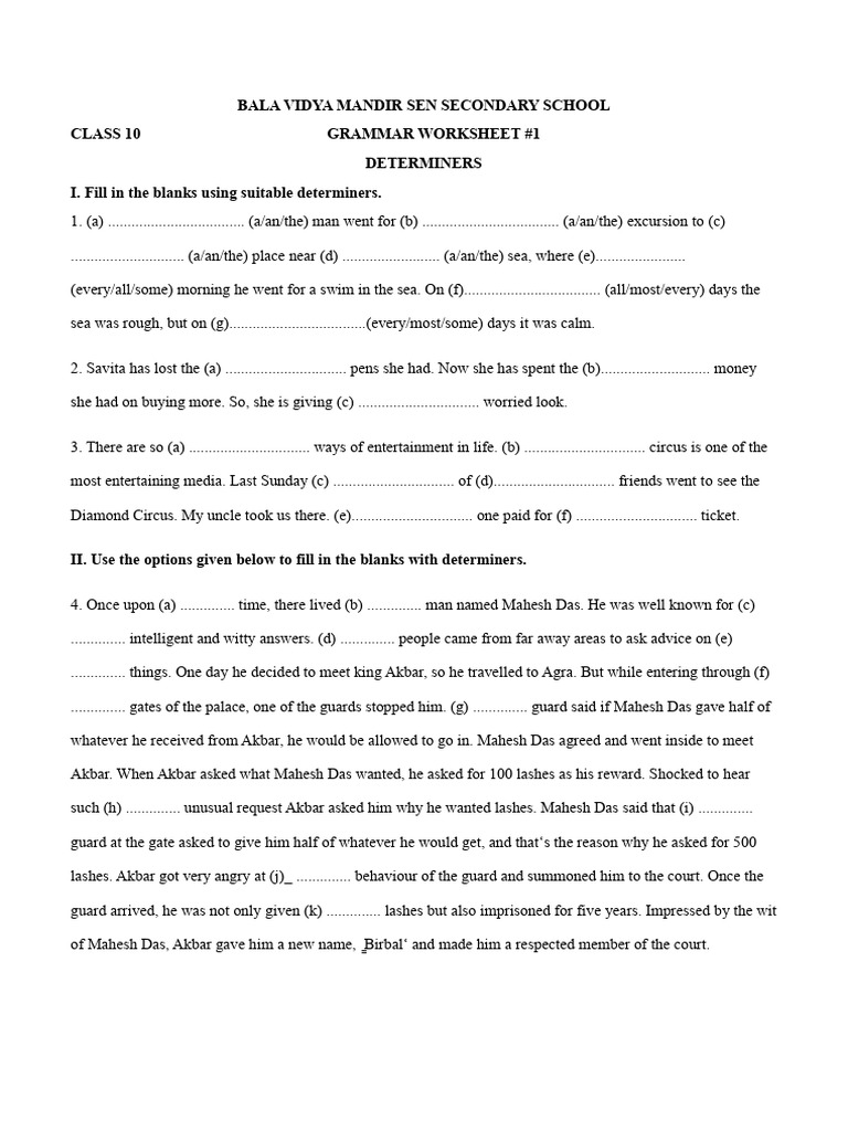 Determiners Worksheet Class 9 PDF