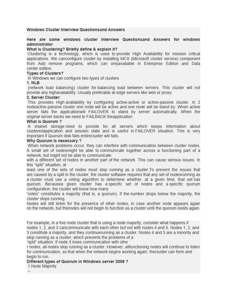 Windows Cluster Interview Q&A | PDF | Computer Cluster | Windows Server ...