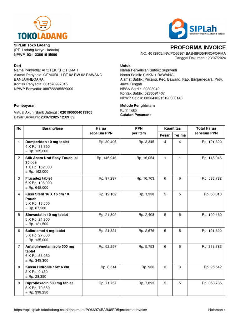 Proforma Invoice Toko Ladang 2024 | PDF