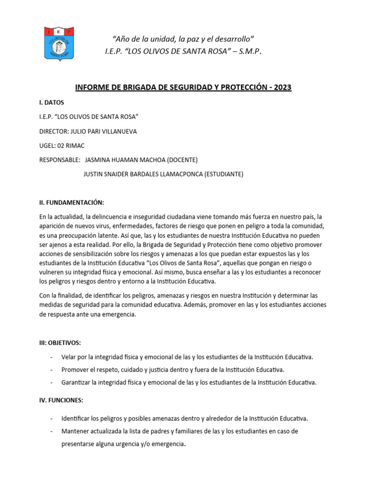 Informe Brigada de Seguridad Escolar 2023 | PDF | Valores