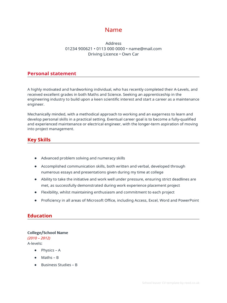 School Leaver CV and Personal Statement | PDF