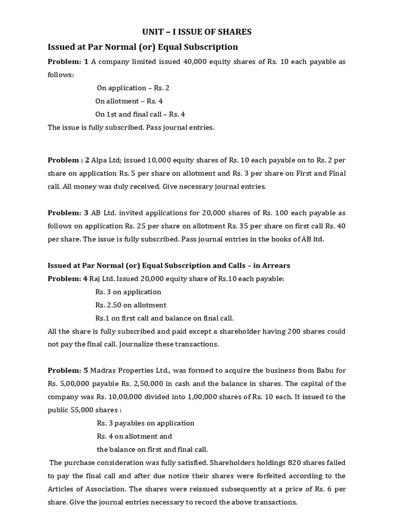 Unit I Issue of Share | PDF | Equity (Finance) | Share (Finance)