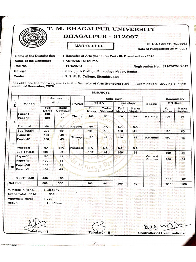 Ba marksheet pdf