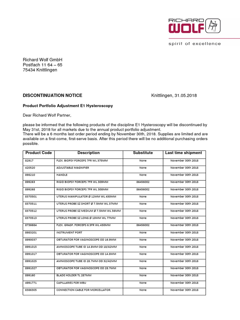 Discontinuation Notice E1 - EN - Richard Wolf GMBH | PDF | Technology ...