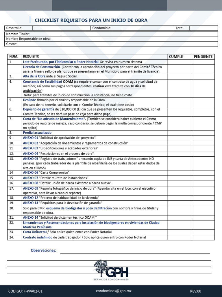 Checklist Requisitos para un Inicio de Obra Cd. Maderas León | PDF
