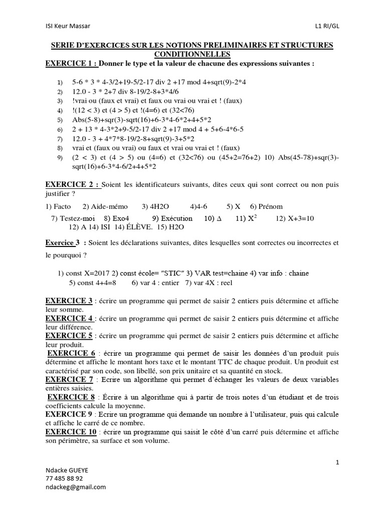 Exercices de Programmation et Algorithmes | PDF | Informatique