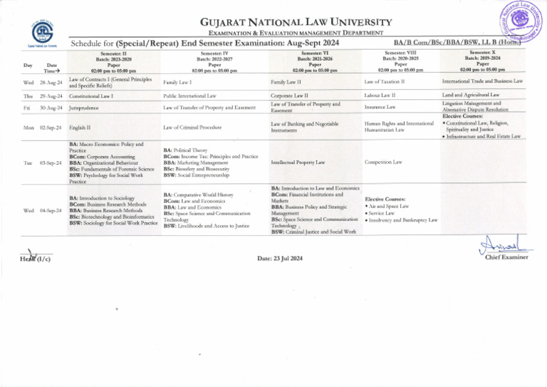 Schedule For Special - Repeat Examination Aug-Sept 2024 (NEW) | PDF