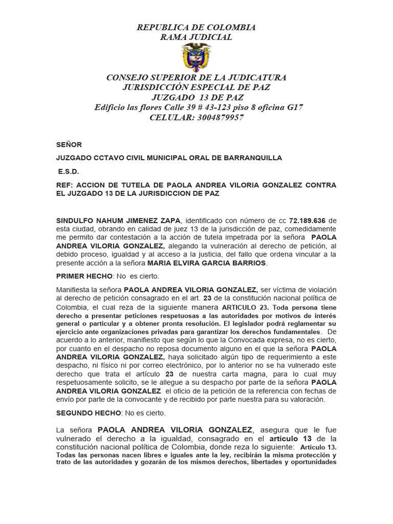 Contestación a Acción de Tutela | PDF | Debido al proceso | Judicaturas