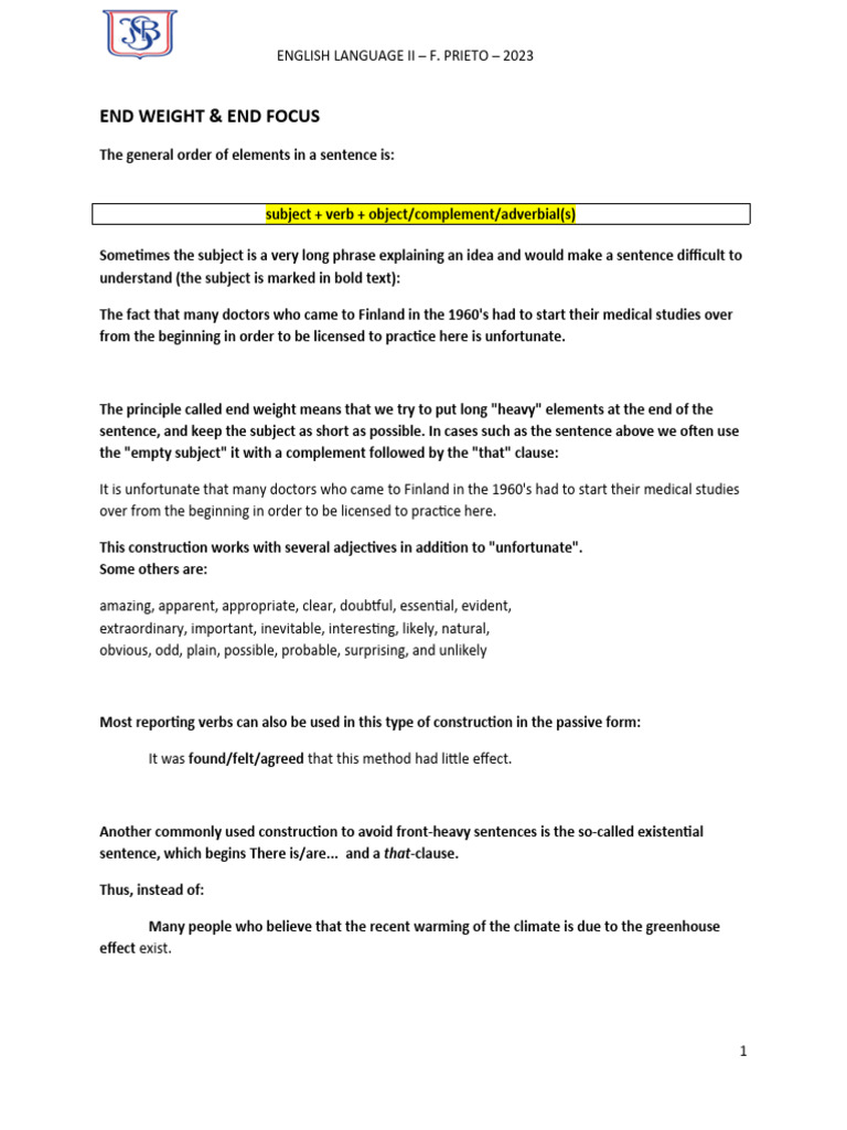 End Weight and End Focus in English | PDF | Verb | English Language
