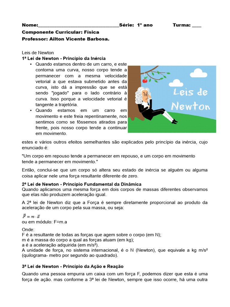 FÍSICA - As Leis de Newton - 1ºs Anos | PDF | Leis do Movimento de ...
