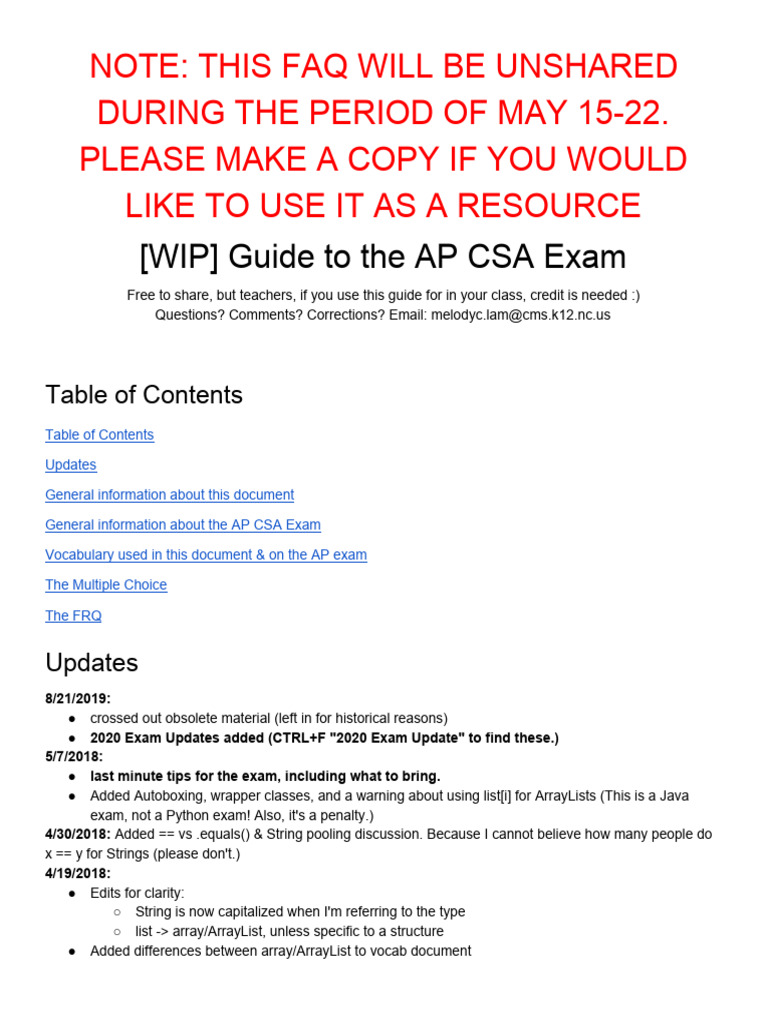 AP Computer Science A Exam Guide | PDF | Class (Computer Programming ...