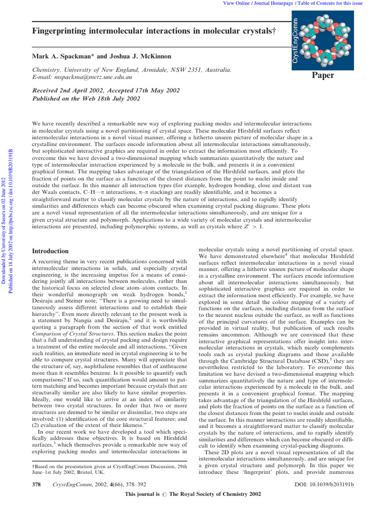 Fingerprinting Intermolecular Interactions in Molecular Crystals | PDF ...