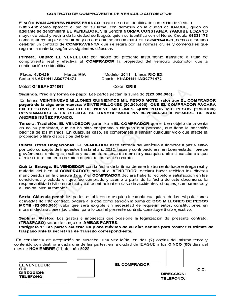Contrato de Compra y Venta de Vehículo | PDF | Derecho civil (sistema ...