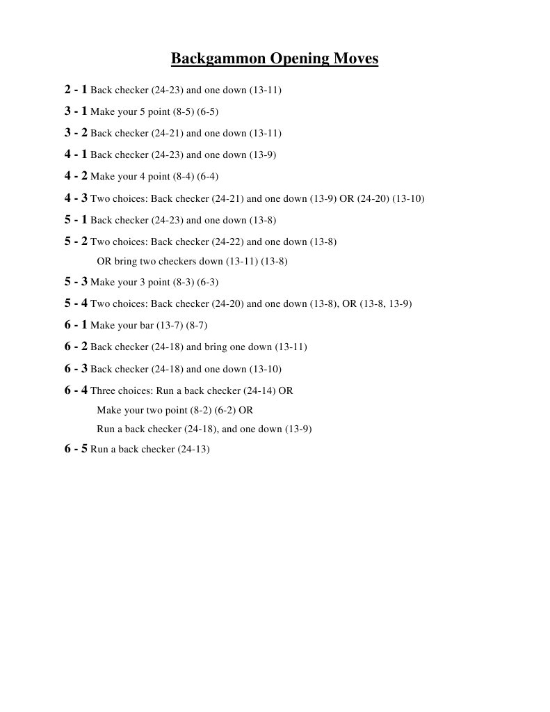 Backgammon Opening Moves PDF