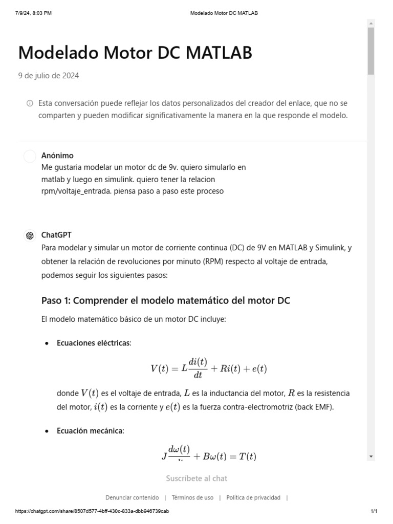 Modelado Motor DC MATLAB | PDF