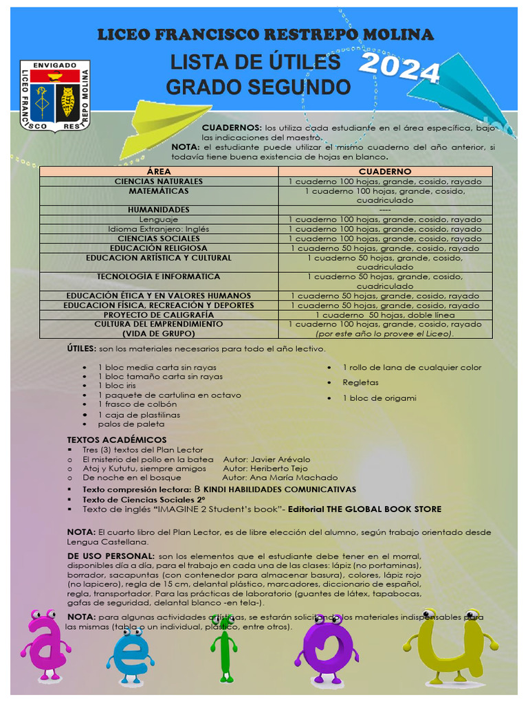 2 Lista Utiles Grado Segundo 2024 | PDF | Cuaderno