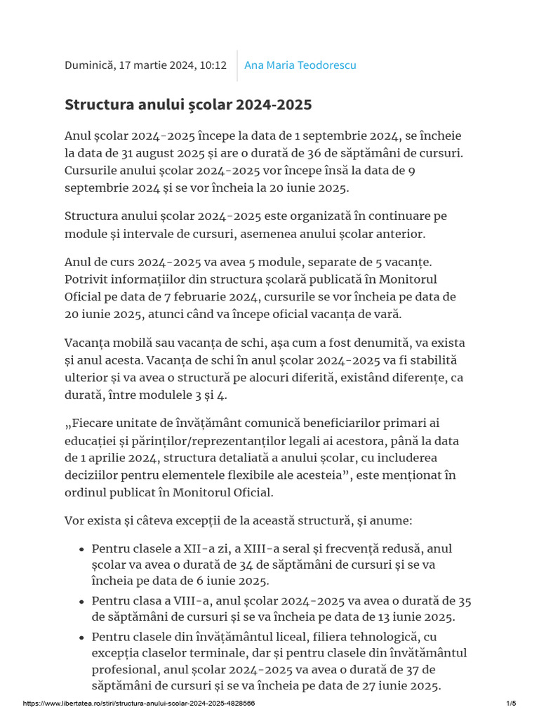 Structura Anului Şcolar 2024-2025 | PDF