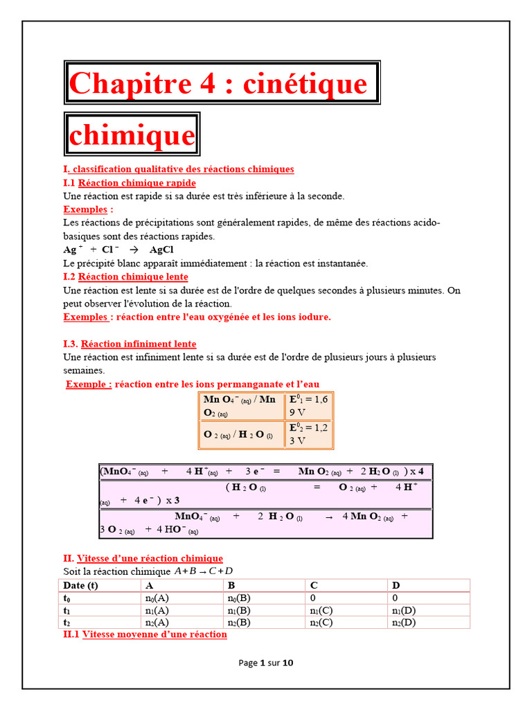 Classification et vitesse des réactions chimiques | PDF | Cinétique ...
