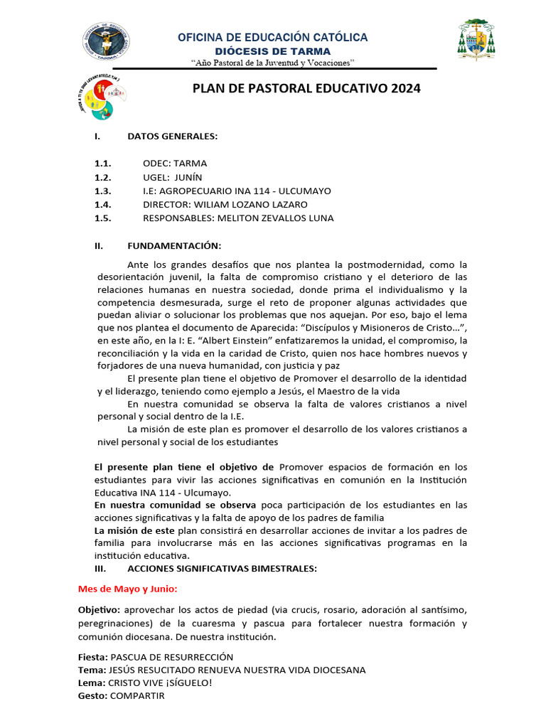 Plan Anual de Pastoral Educativa 2024 | PDF | eucaristía | Pascua de ...