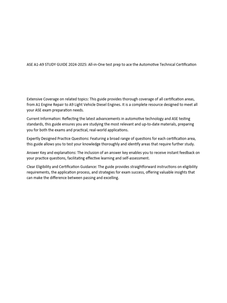 ASE A1-A9 Study Guide 2024-2025 | PDF | Internal Combustion Engine ...