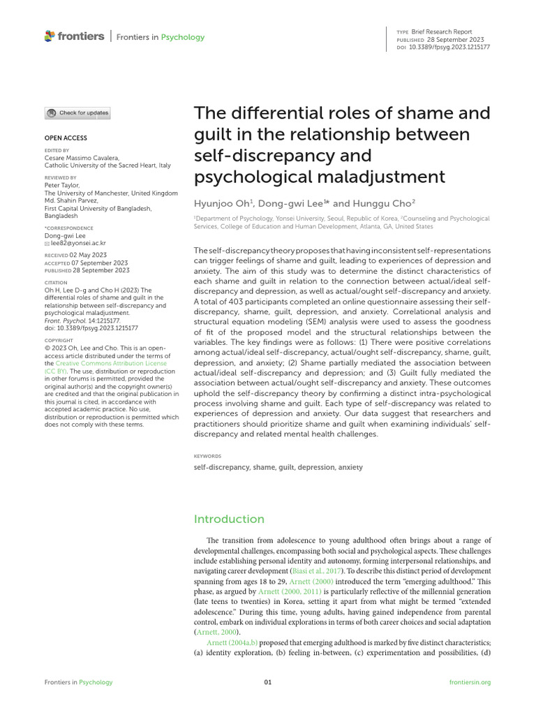 The Differential Roles of Shame and Guilt in The R | PDF | Shame ...