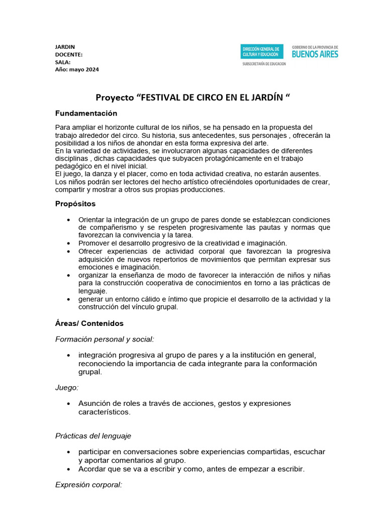 Proyecto El Circo | PDF | Educación de la primera infancia | Circo