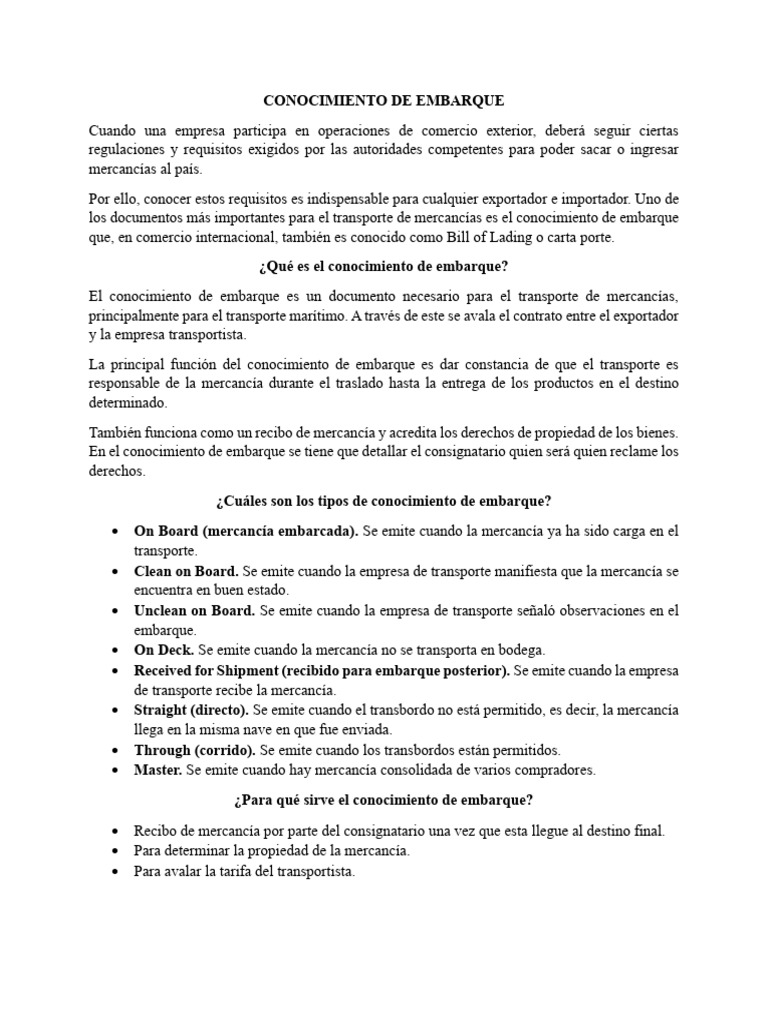 Conocimiento De Embarque Pdf Guía De Carga Gestión De La Cadena