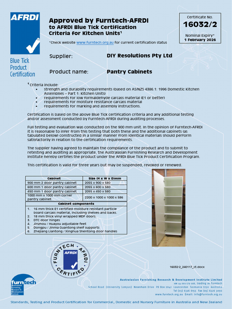 AFRDI Blue Tick Certified Pantry Cabinets | PDF | Cabinetry