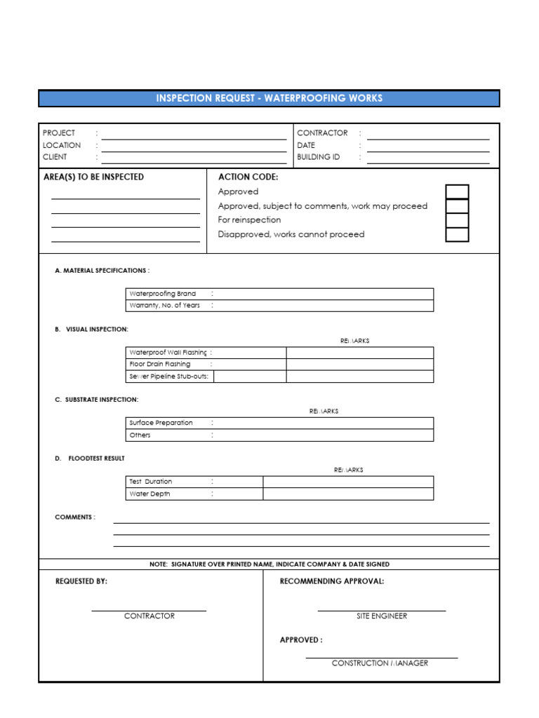 Inspection Request - Waterproofing Works | PDF