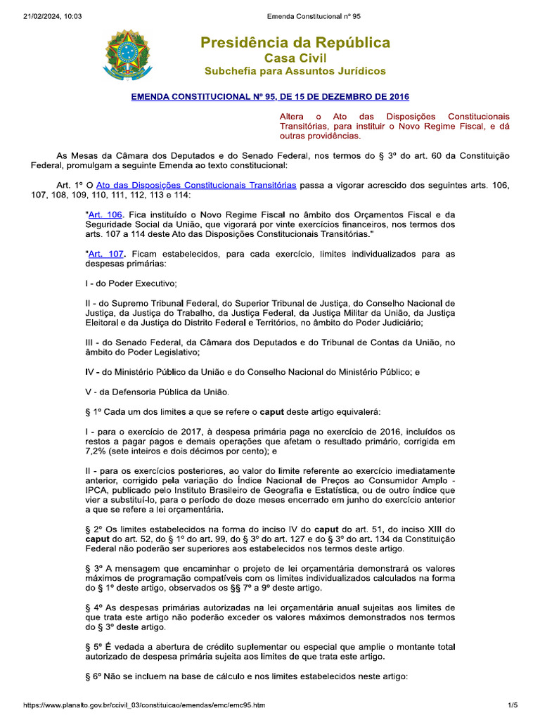 Emenda Constitucional 95 2016 | PDF