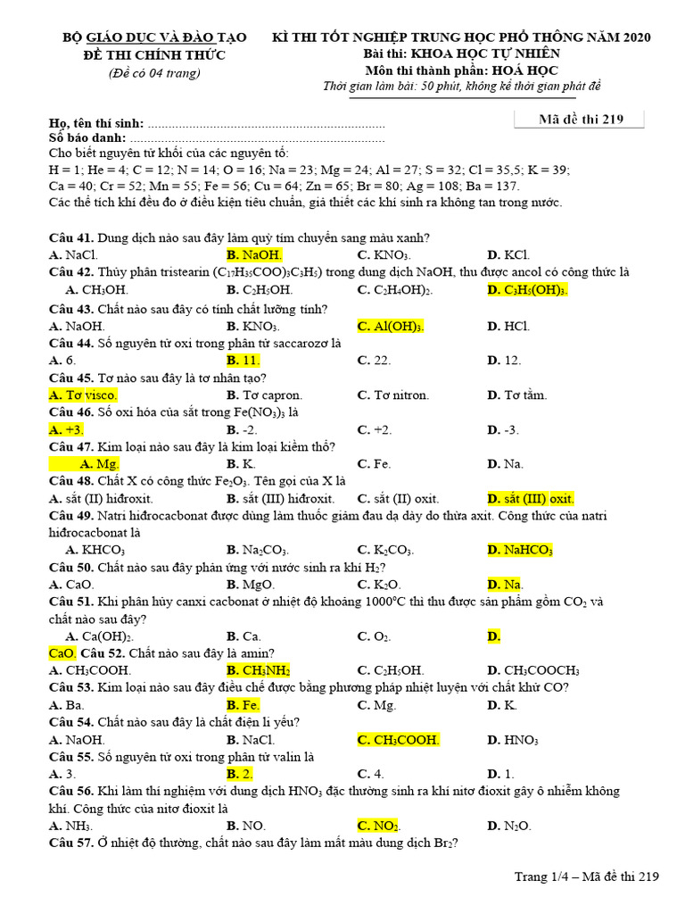 De Va Dap An Ma 219 Hoa Dot 2 Da Chuyen Doi TH Hop | PDF