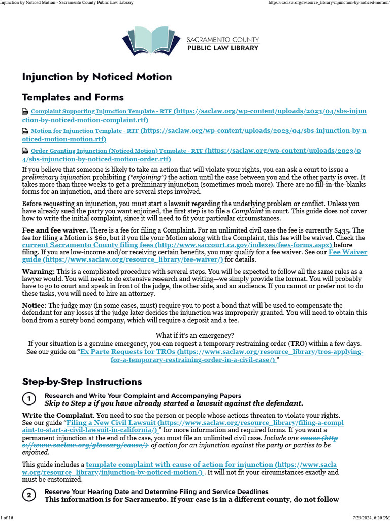 Filing an Injunction in Sacramento | PDF | Complaint | Lawsuit