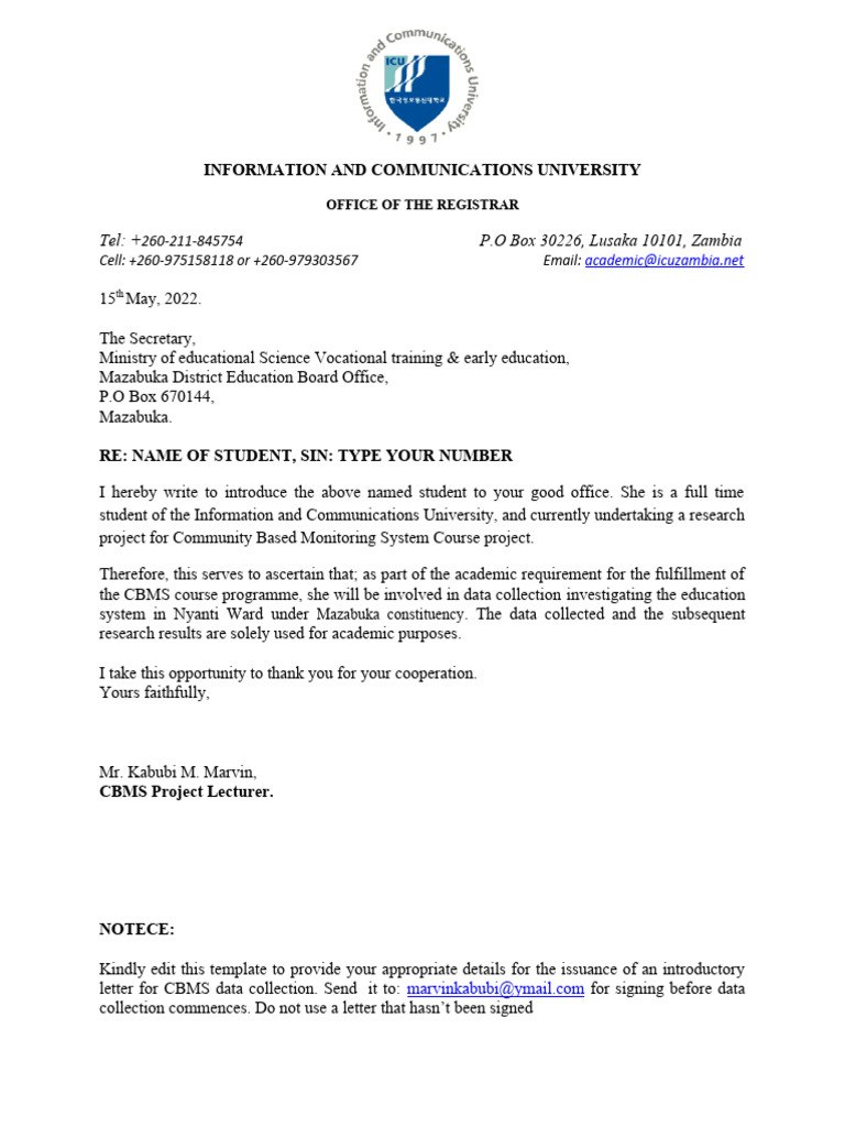 Introductory Letter for CBMS Project | PDF | Career & Growth
