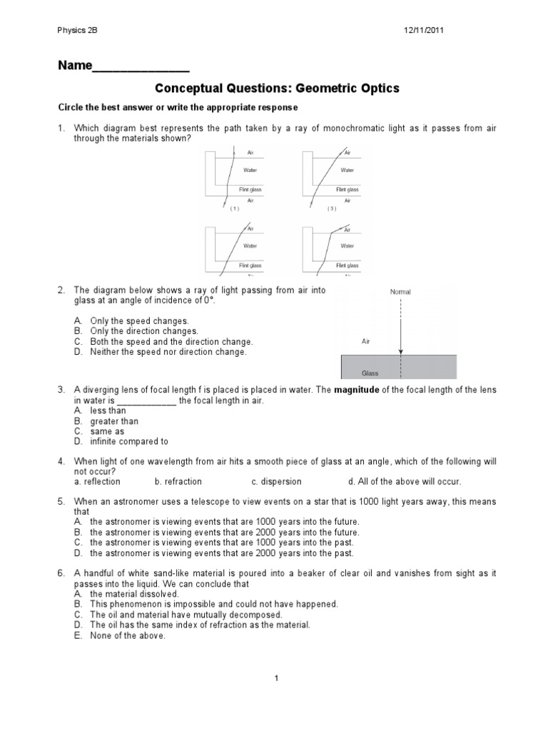 Geometric Optics Conceptual Questions | PDF | Lens (Optics) | Light