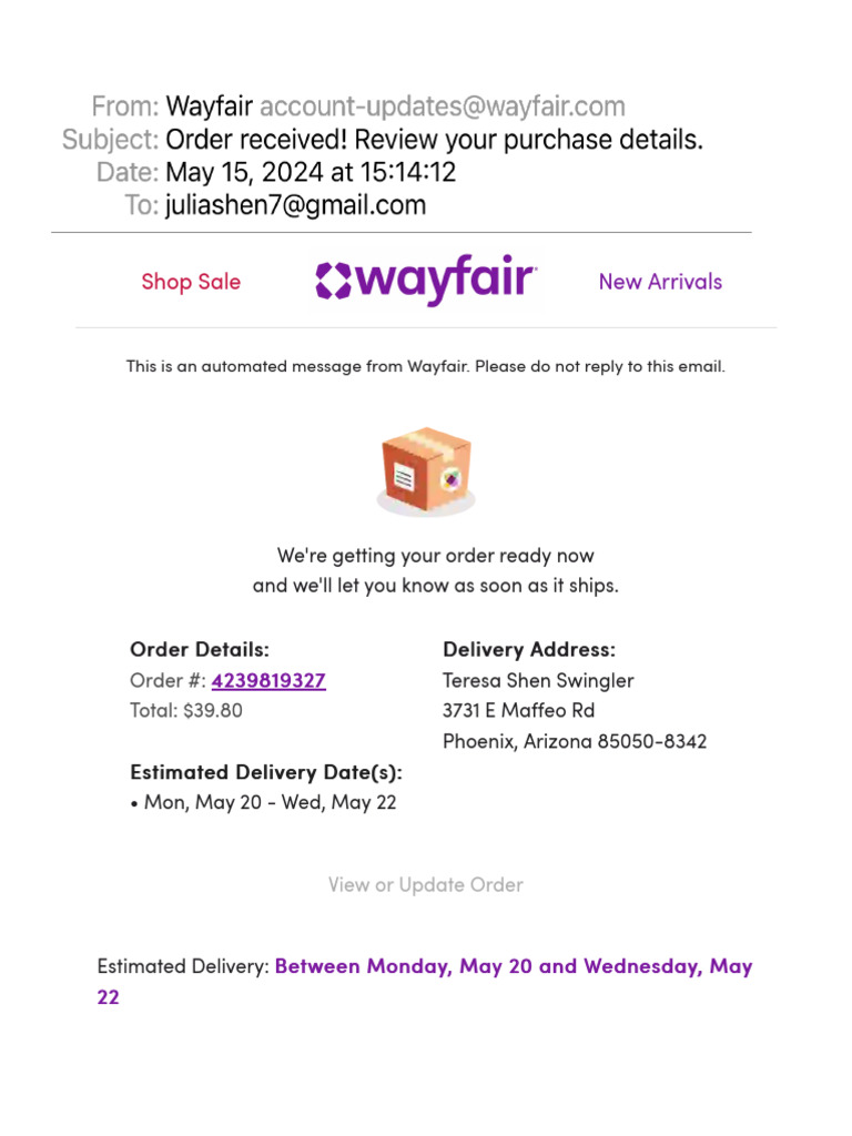 Wayfair Order Confirmation Details | PDF | Payments