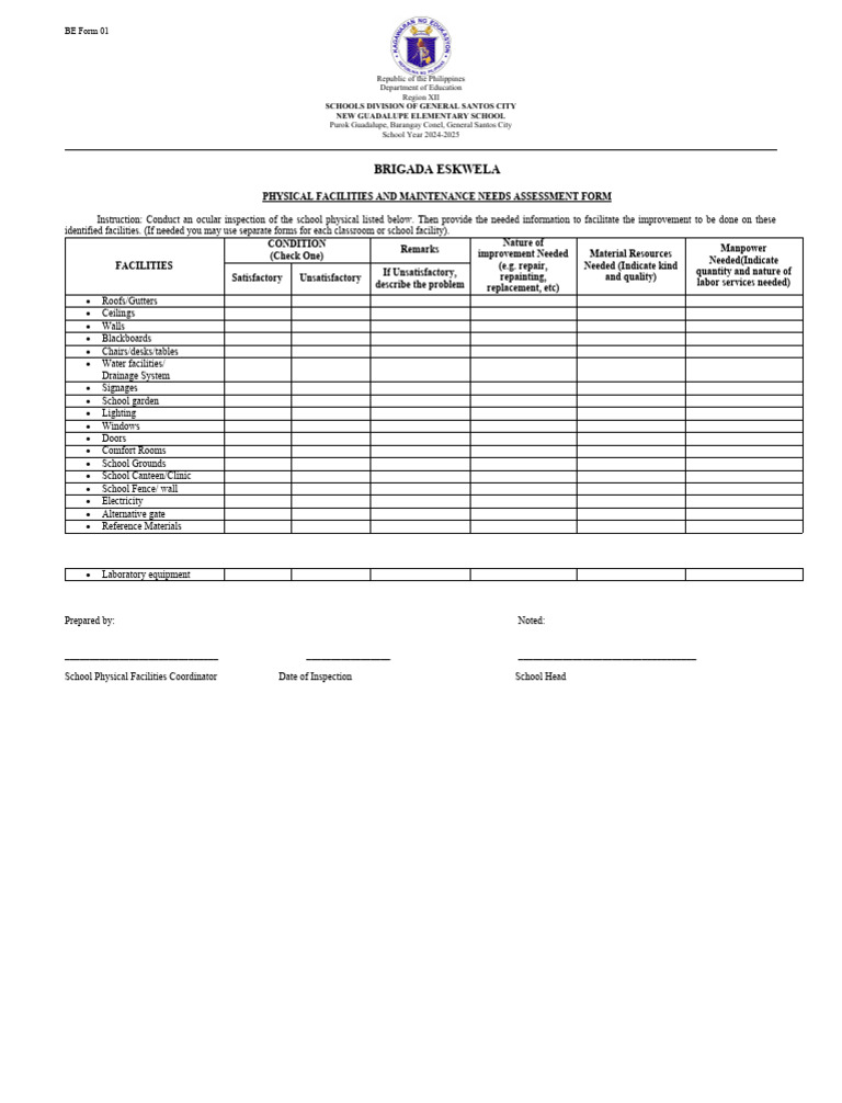 BE Form 1 - PHYSICAL FACILITIES AND MAINTENANCE NEEDS ASSESSMENT FORM | PDF