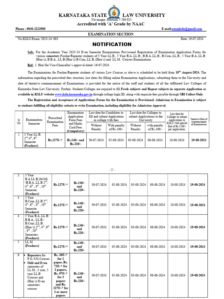 KSLU 2023-24 Exam Registration Notification | PDF | University And ...
