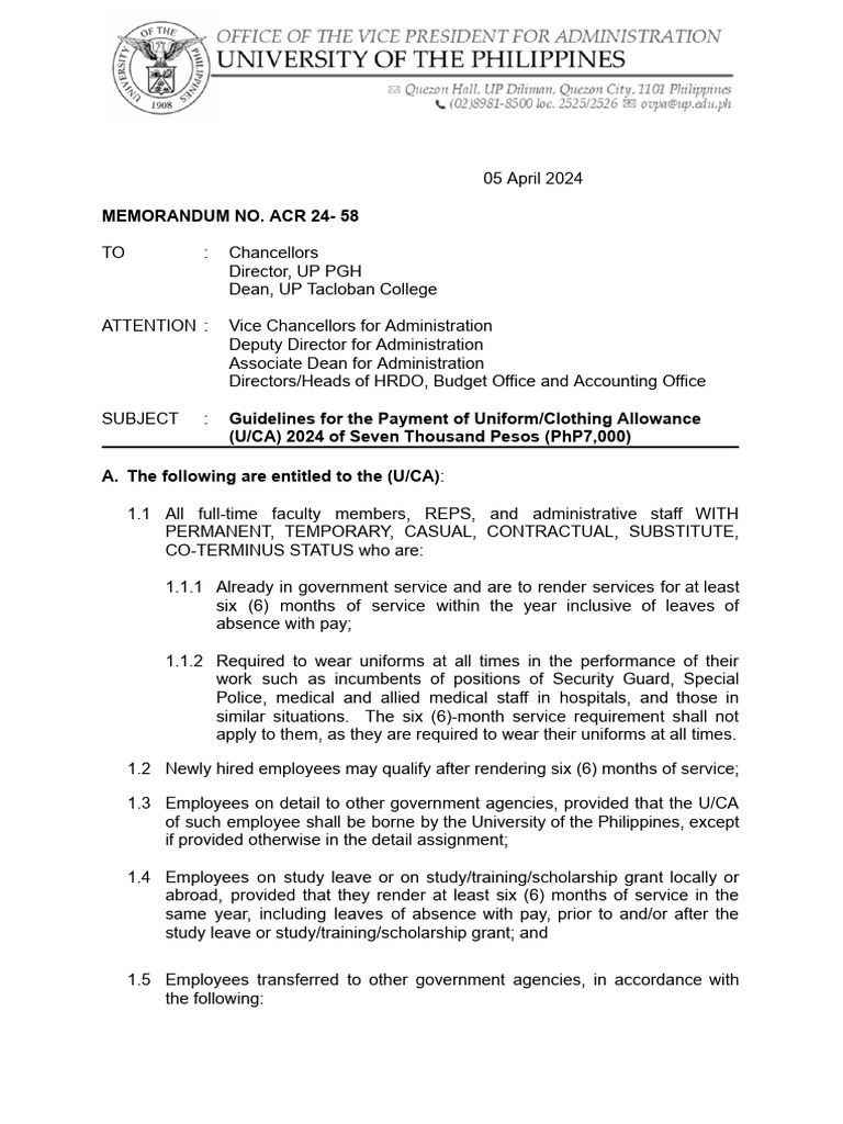 Memorandum no acr 24 58 guidelines for the payment of uniform clothing