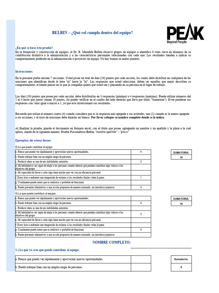 Test de Roles Belbin en Equipos | PDF | Toma de decisiones | Psicología ...